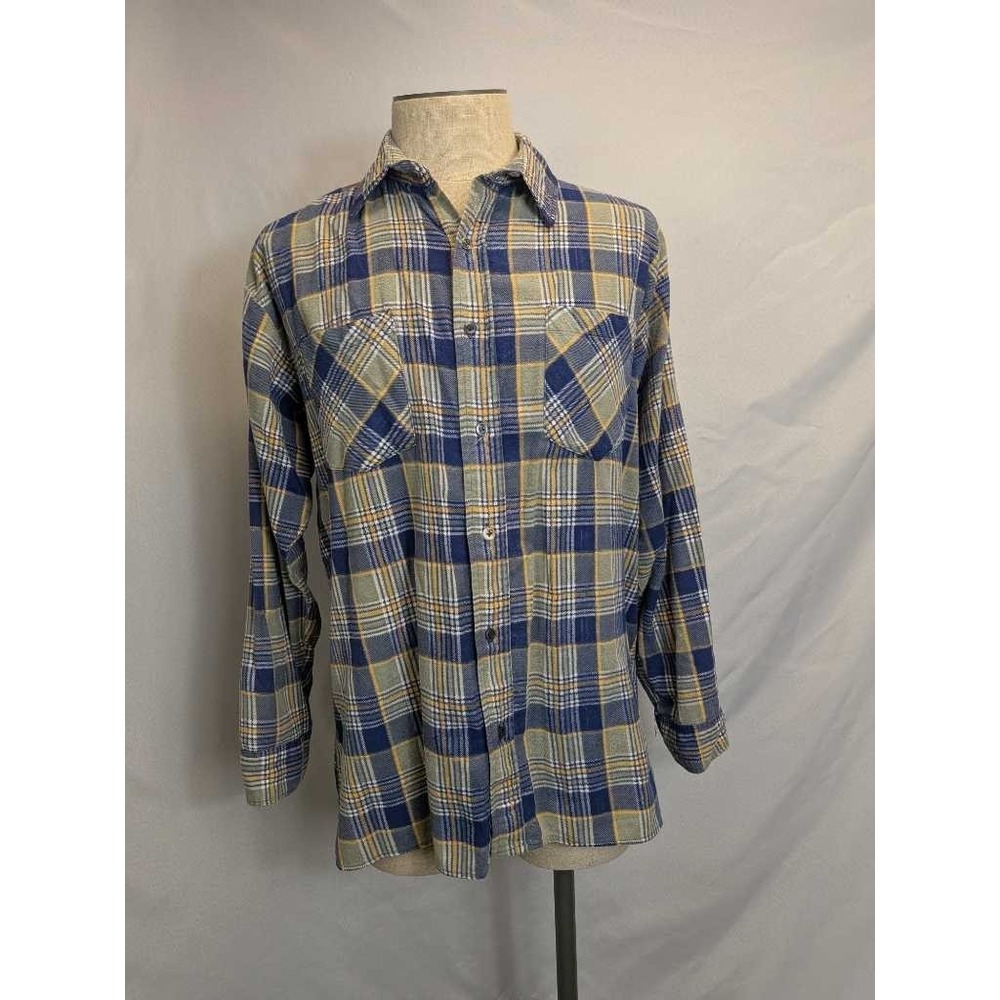 Open Trails Men's Large Blue‎ Yellow Plaid Flannel Long Sleeve Shirt Cotton